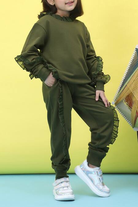 Buy_Petite Pomme_Green Cotton Frilled Full Sleeve Top And Jogger Set 
