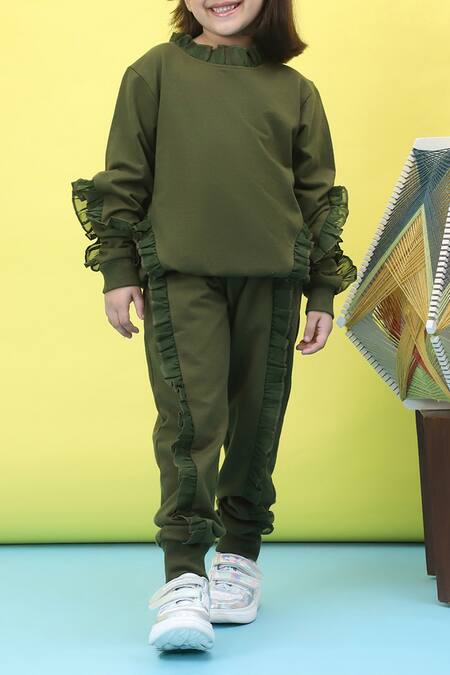 Shop_Petite Pomme_Green Cotton Frilled Full Sleeve Top And Jogger Set 