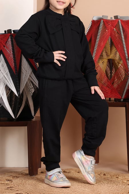 Petite Pomme_Black Cotton Front Bow Top And Jogger Set _at_Aza_Fashions