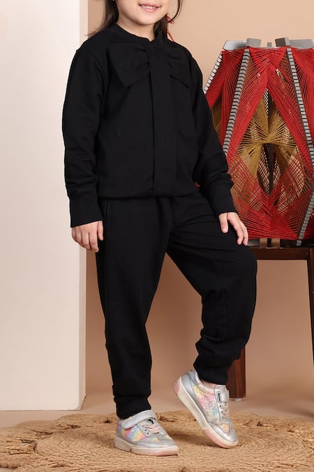 Buy_Petite Pomme_Black Cotton Front Bow Top And Jogger Set 