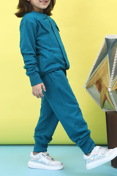 Shop_Petite Pomme_Blue Cotton Bow Detail Full Sleeve Top And Jogger Set _Online_at_Aza_Fashions