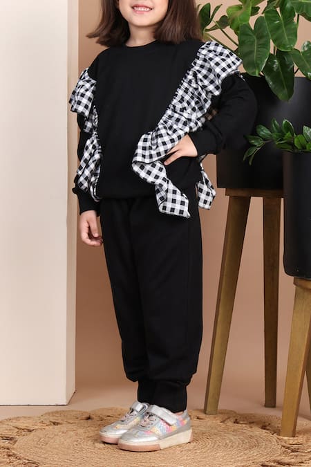 Shop Petite Pomme Black Cotton Checkered Frilled Top And Jogger Set Online at Aza Fashions Shop_Petite Pomme_Black Cotton Checkered Frilled Top And Jogger Set _Online_at_Aza_Fashions