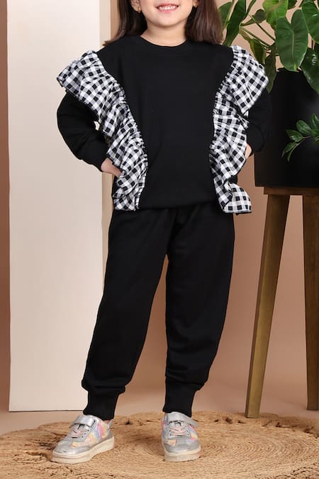Buy Petite Pomme Black Cotton Checkered Frilled Top And Jogger Set Buy_Petite Pomme_Black Cotton Checkered Frilled Top And Jogger Set