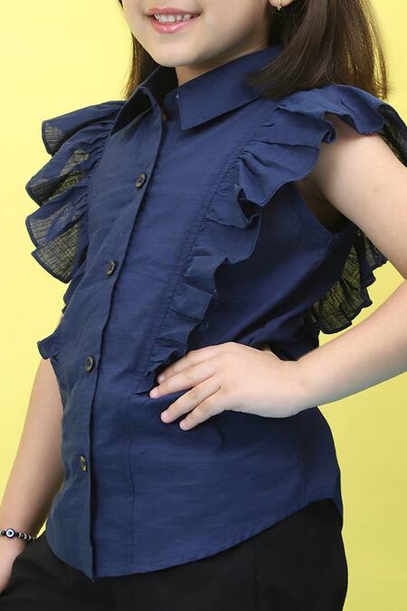 Samyukta Singhania_Blue Cotton Chambray Collared Top With Frills_Online_at_Aza_Fashions