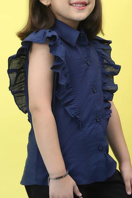 Shop_Samyukta Singhania_Blue Cotton Chambray Collared Top With Frills_Online_at_Aza_Fashions