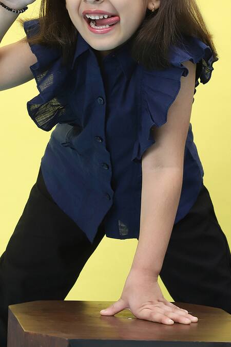 Buy_Samyukta Singhania_Blue Cotton Chambray Collared Top With Frills