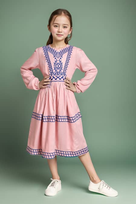 Samyukta Singhania Pink Fit And Flare Cotton Dress For Girls 