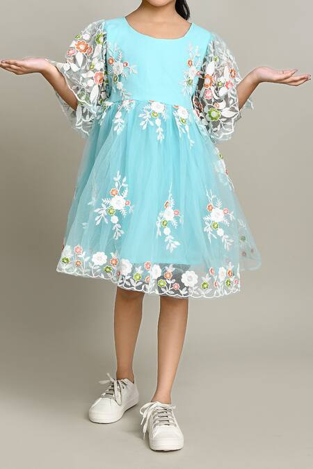 Shop_Petite Pomme_Blue Cotton Embroidery Floral Fit And Flare Dress_Online_at_Aza_Fashions