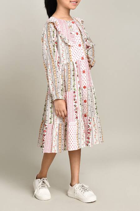 Petite Pomme_Pink Cotton Floral Print Fit And Flare Dress_Online_at_Aza_Fashions