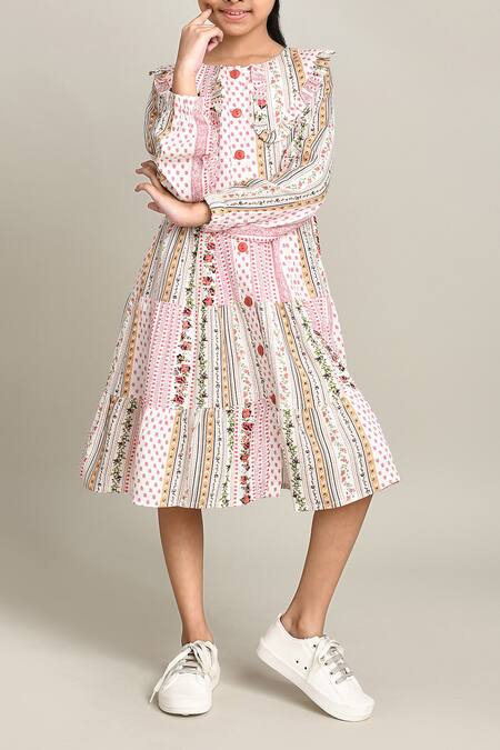 Shop_Petite Pomme_Pink Cotton Floral Print Fit And Flare Dress_Online_at_Aza_Fashions