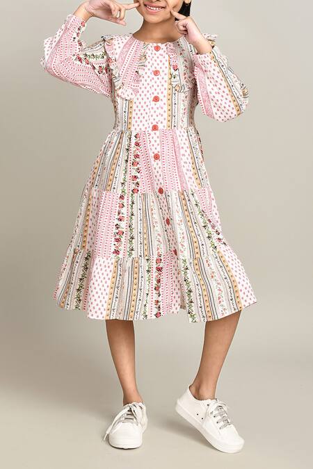 Petite Pomme_Pink Cotton Floral Print Fit And Flare Dress_at_Aza_Fashions