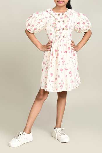 Petite Pomme_White Cotton Floral Print Fit And Flare Dress_Online_at_Aza_Fashions