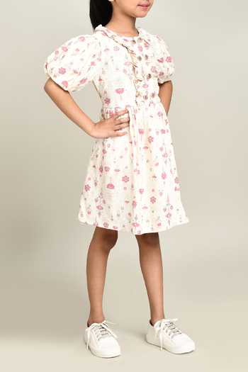 Buy_Petite Pomme_White Cotton Floral Print Fit And Flare Dress_Online_at_Aza_Fashions