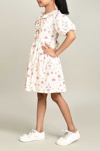 Shop_Petite Pomme_White Cotton Floral Print Fit And Flare Dress_Online_at_Aza_Fashions