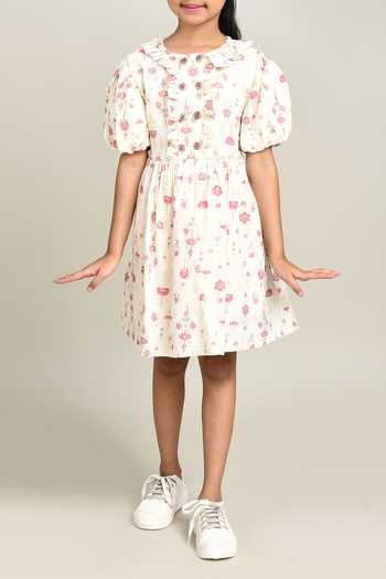 Petite Pomme_White Cotton Floral Print Fit And Flare Dress_at_Aza_Fashions
