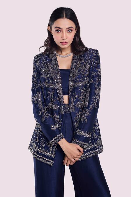 Shop Onaya Navy Silk Cut Work, Mirrors, Sequins, Cutdana Embroidered Blazer And Pant Set at Aza Fashions Shop_Onaya_Navy Silk Cut Work, Mirrors, Sequins, Cutdana Embroidered Blazer And Pant Set_at_Aza_Fashions