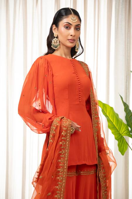 Esha Koul Rust Georgette, Organza, Crepe Embroidery Round Neck Kurta And Sharara Set Online at Aza Fashions Esha Koul_Rust Georgette, Organza, Crepe Embroidery Round Neck Kurta And Sharara Set _Online_at_Aza_Fashions