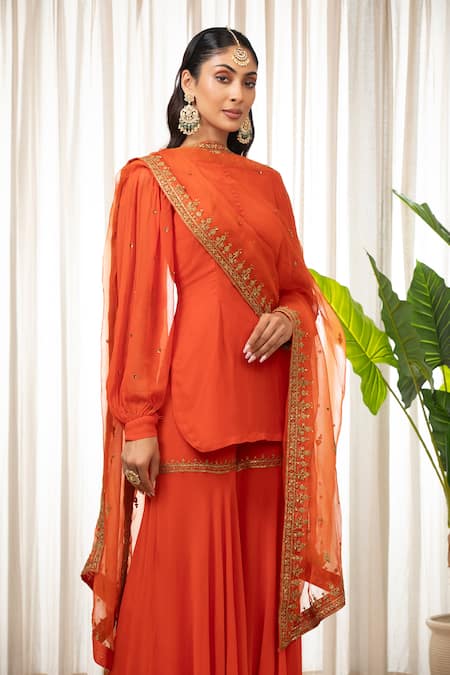 Buy Esha Koul Rust Georgette, Organza, Crepe Embroidery Round Neck Kurta And Sharara Set Online at Aza Fashions Buy_Esha Koul_Rust Georgette, Organza, Crepe Embroidery Round Neck Kurta And Sharara Set _Online_at_Aza_Fashions