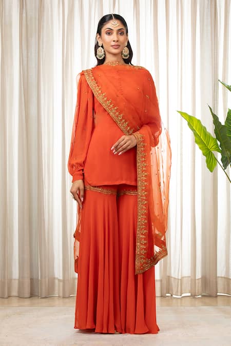 Shop Esha Koul Rust Georgette, Organza, Crepe Embroidery Round Neck Kurta And Sharara Set Online at Aza Fashions Shop_Esha Koul_Rust Georgette, Organza, Crepe Embroidery Round Neck Kurta And Sharara Set _Online_at_Aza_Fashions