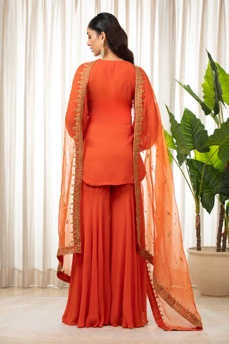 Shop Esha Koul Rust Georgette, Organza, Crepe Embroidery Round Neck Kurta And Sharara Set at Aza Fashions Shop_Esha Koul_Rust Georgette, Organza, Crepe Embroidery Round Neck Kurta And Sharara Set _at_Aza_Fashions
