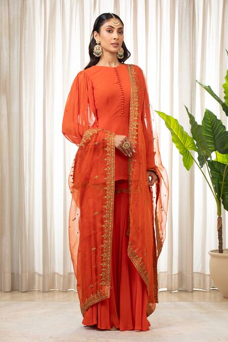 Esha Koul Rust Georgette, Organza, Crepe Embroidery Round Neck Kurta And Sharara Set at Aza Fashions Esha Koul_Rust Georgette, Organza, Crepe Embroidery Round Neck Kurta And Sharara Set _at_Aza_Fashions
