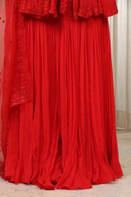 Buy_Esha Koul_Red Georgette, Organza, Crepe Embroidery Square Peplum Kurta Set With Sharara _Online_at_Aza_Fashions