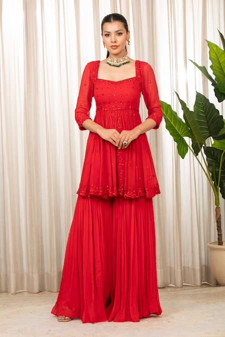 Shop_Esha Koul_Red Georgette, Organza, Crepe Embroidery Square Peplum Kurta Set With Sharara _Online_at_Aza_Fashions