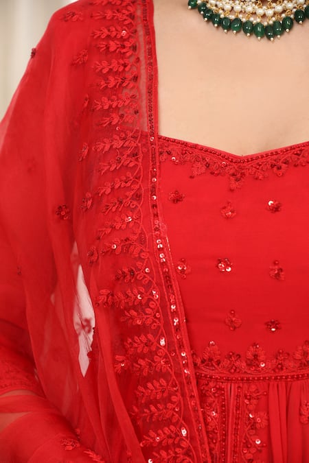 Esha Koul_Red Georgette, Organza, Crepe Embroidery Square Peplum Kurta Set With Sharara _at_Aza_Fashions