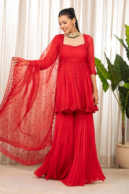 Buy_Esha Koul_Red Georgette, Organza, Crepe Embroidery Square Peplum Kurta Set With Sharara 