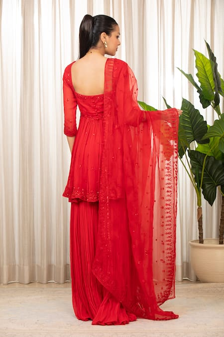 Esha Koul_Red Georgette, Organza, Crepe Embroidery Square Peplum Kurta Set With Sharara _Online_at_Aza_Fashions