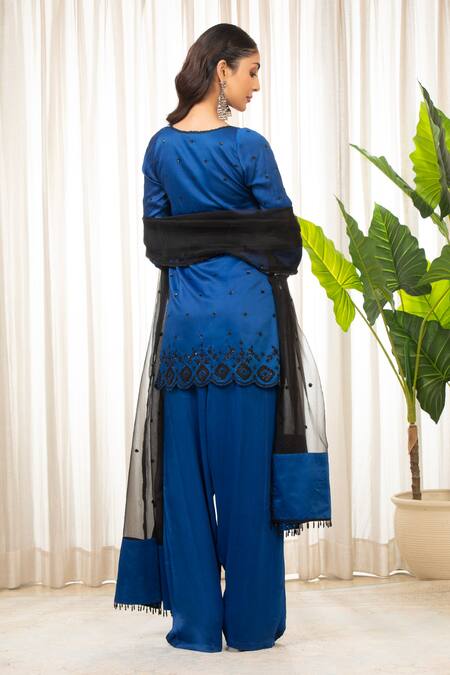 Esha Koul_Blue Satin, Crepe, Organza Embroidery Keyhole Neck Royal Kurta Set _Online_at_Aza_Fashions