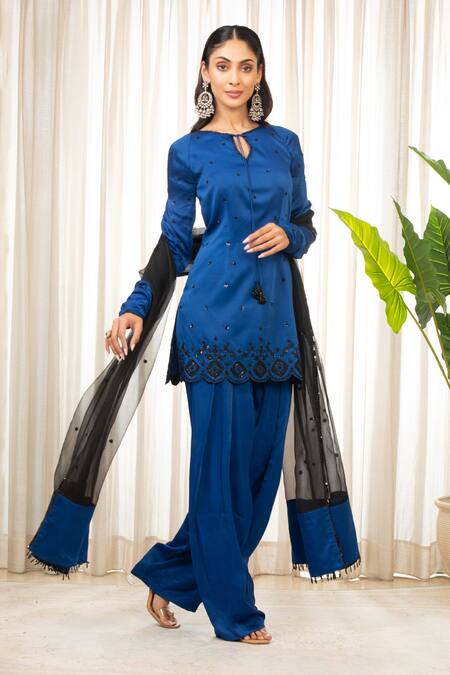 Esha Koul_Blue Satin, Crepe, Organza Embroidery Keyhole Neck Royal Kurta Set _at_Aza_Fashions