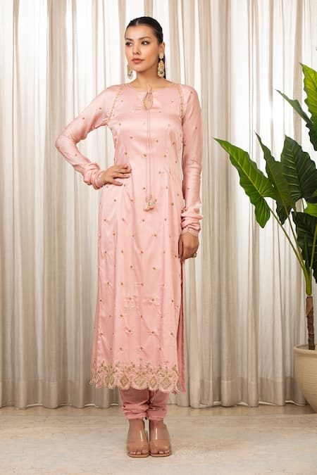 Esha Koul_Pink Chanderi, Satin, Organza, Crepe Embroidery, Sequins, Baby Dori Kurta Set _Online_at_Aza_Fashions