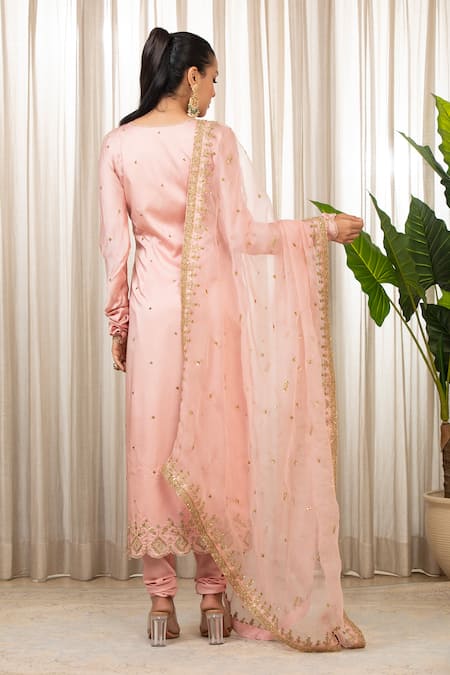 Shop_Esha Koul_Pink Chanderi, Satin, Organza, Crepe Embroidery, Sequins, Baby Dori Kurta Set _at_Aza_Fashions