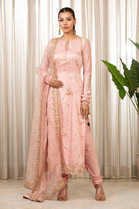 Shop_Esha Koul_Pink Chanderi, Satin, Organza, Crepe Embroidery, Sequins, Baby Dori Kurta Set _Online_at_Aza_Fashions