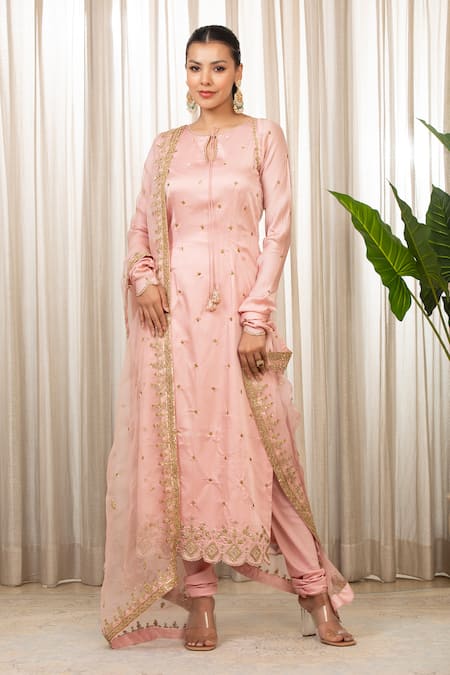Esha Koul_Pink Chanderi, Satin, Organza, Crepe Embroidery, Sequins, Baby Dori Kurta Set _at_Aza_Fashions