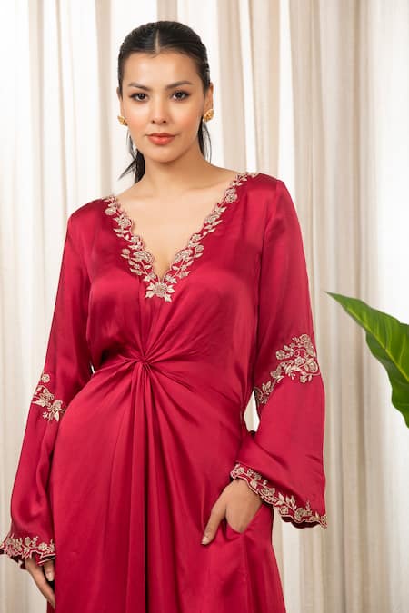 Esha Koul_Red Satin, Crepe Embroidery, Zari V-neck Cutwork Embellished Kaftan Dress _Online_at_Aza_Fashions
