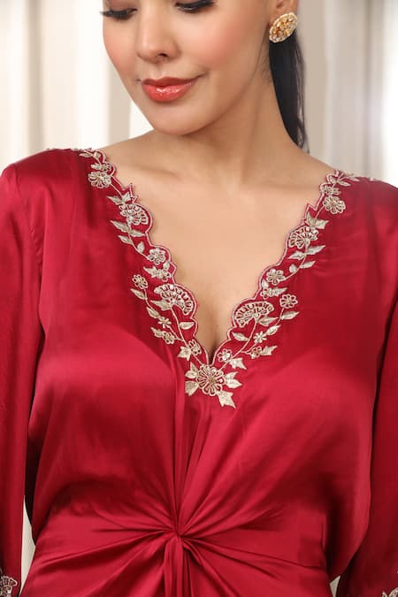 Buy_Esha Koul_Red Satin, Crepe Embroidery, Zari V-neck Cutwork Embellished Kaftan Dress _Online_at_Aza_Fashions