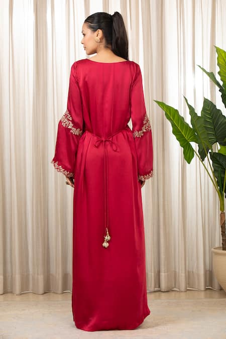 Shop_Esha Koul_Red Satin, Crepe Embroidery, Zari V-neck Cutwork Embellished Kaftan Dress _at_Aza_Fashions