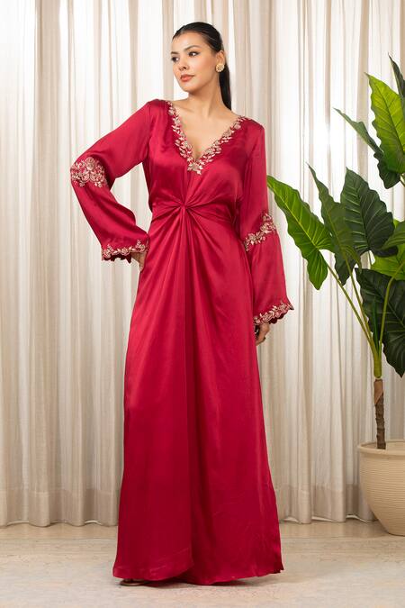 Shop_Esha Koul_Red Satin, Crepe Embroidery, Zari V-neck Cutwork Embellished Kaftan Dress _Online_at_Aza_Fashions