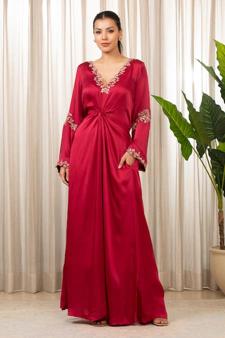 Esha Koul_Red Satin, Crepe Embroidery, Zari V-neck Cutwork Embellished Kaftan Dress _at_Aza_Fashions