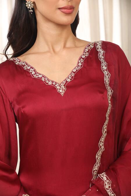 Buy_Esha Koul_Red Satin, Crepe, Organza Embroidery, Cut Work V-neck Kurta Set _Online_at_Aza_Fashions
