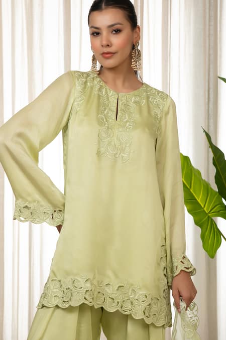 Shop_Esha Koul_Green Cut Work Round Neck Pista Kurta Set _Online_at_Aza_Fashions