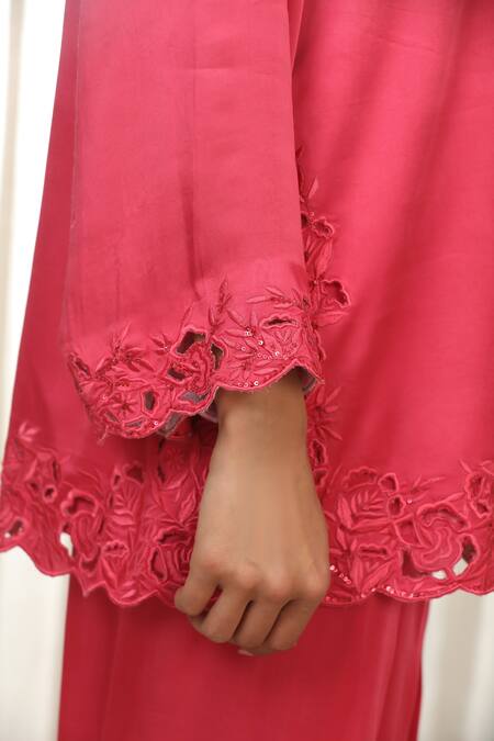 Shop_Esha Koul_Pink Satin, Organza, Crepe Embroidery, Cut Work Round Kashmiri Richa Kurta Set _Online_at_Aza_Fashions