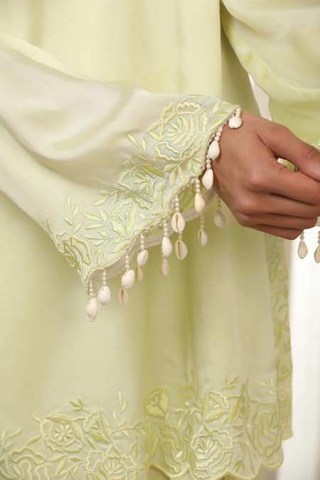 Esha Koul_Yellow Brocade, Organza, Crepe Tassels Split V-neck Butter Cutwork Kurta Set _Online_at_Aza_Fashions