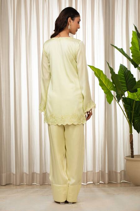 Shop_Esha Koul_Yellow Brocade, Organza, Crepe Tassels Split V-neck Butter Cutwork Kurta Set _at_Aza_Fashions