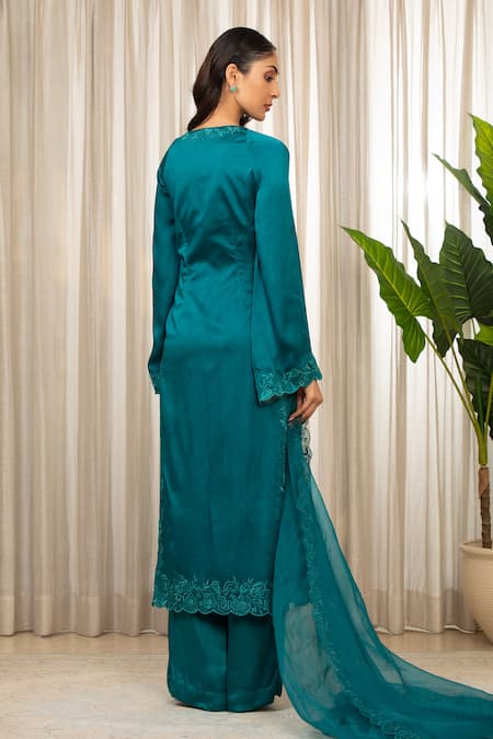 Shop_Esha Koul_Blue Satin, Organza, Crepe Cut Work Keyhole Neck Teal Embroidered Kurta Set _at_Aza_Fashions