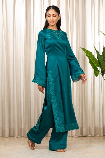 Buy_Esha Koul_Blue Satin, Organza, Crepe Cut Work Keyhole Neck Teal Embroidered Kurta Set _Online_at_Aza_Fashions