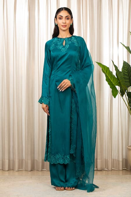 Shop_Esha Koul_Blue Satin, Organza, Crepe Cut Work Keyhole Neck Teal Embroidered Kurta Set _Online_at_Aza_Fashions