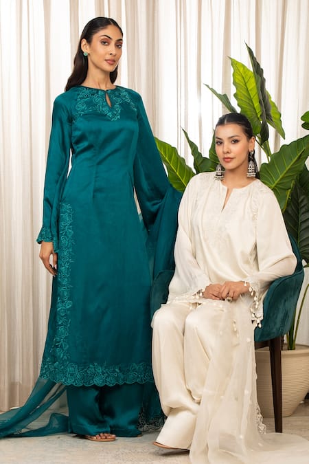 Esha Koul_Blue Satin, Organza, Crepe Cut Work Keyhole Neck Teal Embroidered Kurta Set _at_Aza_Fashions